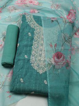 MEENA BAZAAR - Embroidered Green Chanderi Unstitched Dress Material with Dupatta