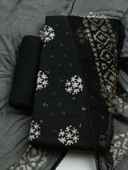 MEENA BAZAAR - Printed Black Cotton Unstitched Dress Material with Dupatta