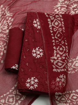 MEENA BAZAAR - Printed Maroon Cotton Unstitched Dress Material with Dupatta