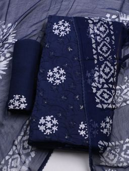 MEENA BAZAAR - Printed Blue Cotton Unstitched Dress Material with Dupatta