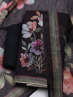 MEENA BAZAAR - Printed Black Linen Unstitched Dress Material with Dupatta