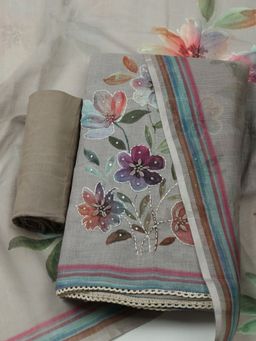 MEENA BAZAAR - Printed Grey Linen Unstitched Dress Material with Dupatta