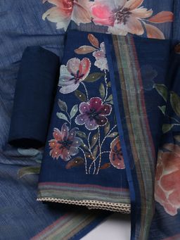MEENA BAZAAR - Printed Blue Linen Unstitched Dress Material with Dupatta