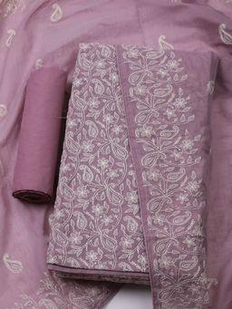 MEENA BAZAAR - Embroidered Lavender Chanderi Unstitched Dress Material with Dupatta