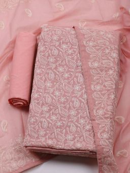 MEENA BAZAAR - Embroidered Pink Chanderi Unstitched Dress Material with Dupatta