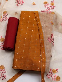 MEENA BAZAAR - Embroidered Mustard Chanderi Unstitched Dress Material with Dupatta