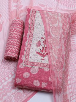 MEENA BAZAAR - Embroidered Pink Cotton Unstitched Dress Material with Dupatta