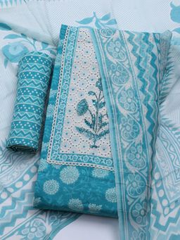 MEENA BAZAAR - Embroidered Green Cotton Unstitched Dress Material with Dupatta