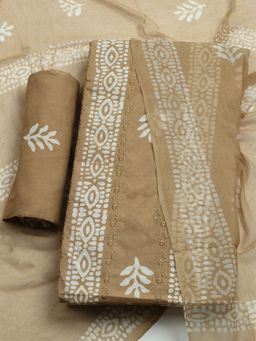 MEENA BAZAAR - Printed Beige Cotton Unstitched Dress Material with Dupatta
