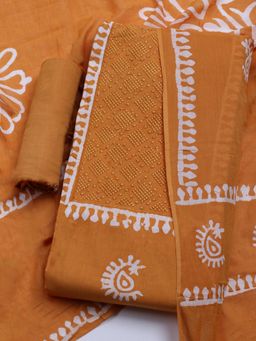 MEENA BAZAAR - Printed Mustard Cotton Unstitched Dress Material with Dupatta