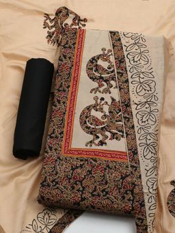 MEENA BAZAAR - Printed Black Cotton Unstitched Dress Material with Dupatta