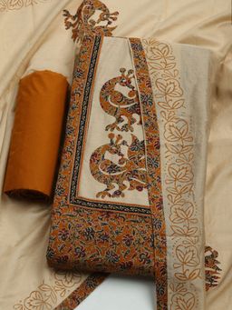 MEENA BAZAAR - Printed Mustard Cotton Unstitched Dress Material with Dupatta