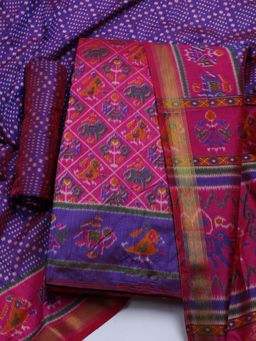 MEENA BAZAAR - Printed Pink Art Silk Unstitched Dress Material with Dupatta