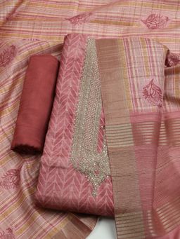 MEENA BAZAAR - Embroidered Pink Art Silk Unstitched Dress Material with Dupatta