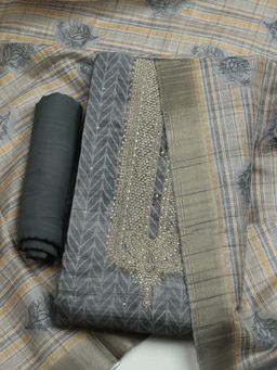 MEENA BAZAAR - Embroidered Grey Art Silk Unstitched Dress Material with Dupatta