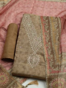 MEENA BAZAAR - Embroidered Beige Art Silk Unstitched Dress Material with Dupatta