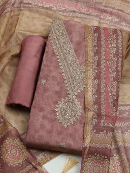 MEENA BAZAAR - Embroidered Pink Art Silk Unstitched Dress Material with Dupatta