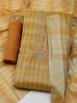 MEENA BAZAAR - Embroidered Mustard Art Silk Unstitched Dress Material with Dupatta