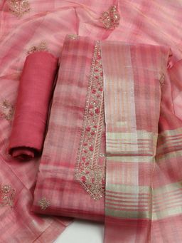 MEENA BAZAAR - Embroidered Pink Art Silk Unstitched Dress Material with Dupatta