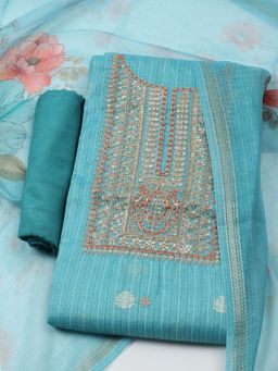 MEENA BAZAAR - Embroidered Blue Chanderi Unstitched Dress Material with Dupatta