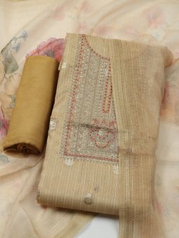 MEENA BAZAAR - Embroidered Mustard Chanderi Unstitched Dress Material with Dupatta