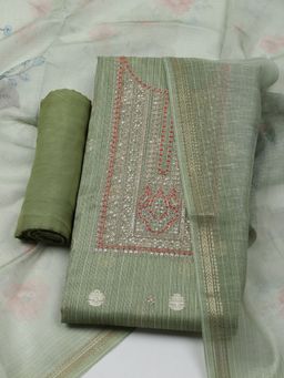MEENA BAZAAR - Embroidered Green Chanderi Unstitched Dress Material with Dupatta