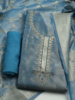 MEENA BAZAAR - Embroidered Blue Art Silk Unstitched Dress Material with Dupatta