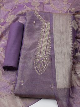 MEENA BAZAAR - Embroidered Lavender Art Silk Unstitched Dress Material with Dupatta