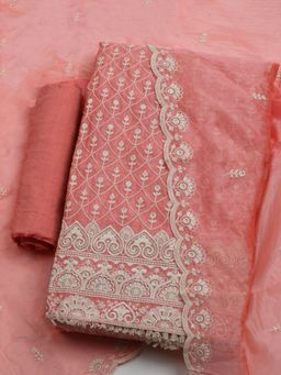 MEENA BAZAAR - Embroidered Peach Chanderi Unstitched Dress Material with Dupatta