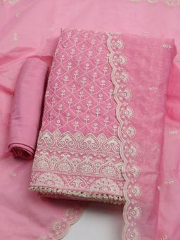 MEENA BAZAAR - Embroidered Pink Chanderi Unstitched Dress Material with Dupatta