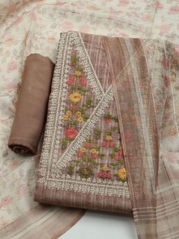 MEENA BAZAAR - Embroidered Beige Linen Unstitched Dress Material with Dupatta
