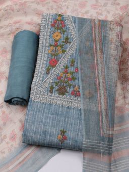 MEENA BAZAAR - Embroidered Blue Linen Unstitched Dress Material with Dupatta