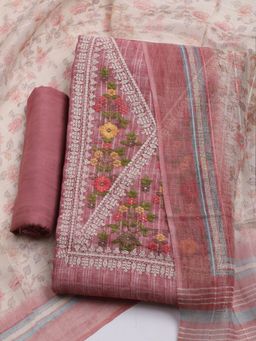 MEENA BAZAAR - Embroidered Pink Linen Unstitched Dress Material with Dupatta
