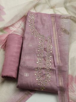 MEENA BAZAAR - Embroidered Pink Linen Unstitched Dress Material with Dupatta