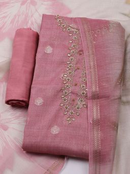 MEENA BAZAAR - Embroidered Pink Linen Unstitched Dress Material with Dupatta
