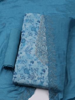MEENA BAZAAR - Embroidered Blue Cotton Unstitched Dress Material with Dupatta