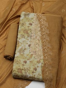 MEENA BAZAAR - Embroidered Mustard Cotton Unstitched Dress Material with Dupatta