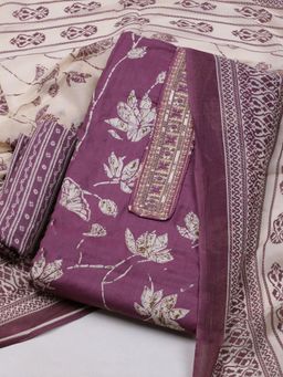 MEENA BAZAAR - Printed Wine Cotton Unstitched Dress Materials with Dupatta