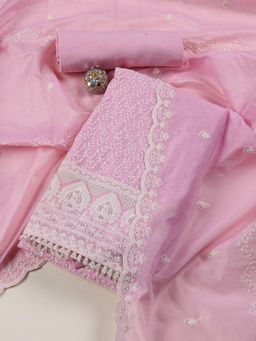 MEENA BAZAAR - Embroidered Pink Chanderi Unstitched Dress Material with Dupatta