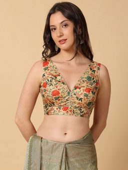 HAPPY OWL - Beige Designer Printed V Neck Padded Stitched Blouse