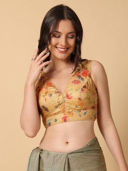 HAPPY OWL - Gold Designer Printed V Neck Padded Stitched Blouse