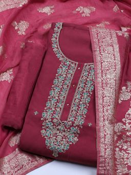 MEENA BAZAAR - Embroidered Maroon Cotton Unstitched Dress Materials with Dupatta