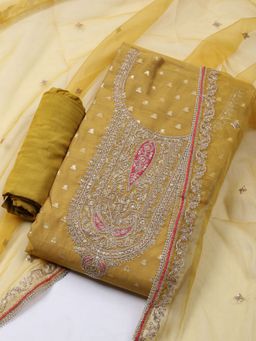 MEENA BAZAAR - Embroidered Mustard Chanderi Unstitched Dress Materials with Dupatta