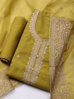 MEENA BAZAAR - Embroidered Green Chanderi Unstitched Dress Materials with Dupatta