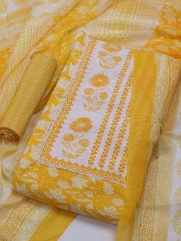MEENA BAZAAR - Printed Yellow Cotton Unstitched Dress Materials with Dupatta