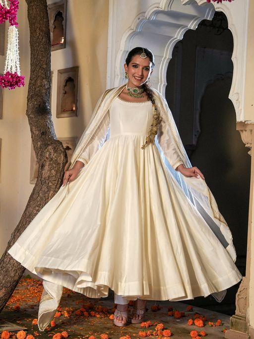 Indian Virasat Pearl White Chanderi Anarkali Kurta with Pant and Dupatta