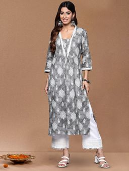 KSUT - Women Grey Floral Kurta