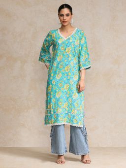 KSUT - Women Blue Floral Kurta