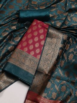 MEENA BAZAAR - Printed Pink Chanderi Unstitched Dress Materials with Dupatta