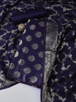 MEENA BAZAAR - Woven Navy Chanderi Unstitched Dress Materials with Dupatta